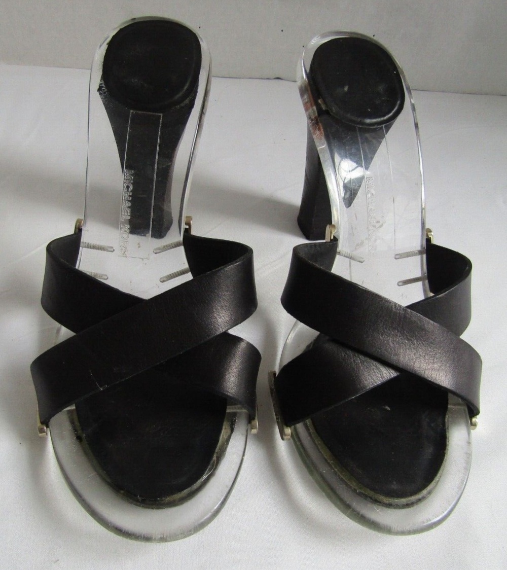 Michael Kors Black Leather Lucite Heels Chic Y2K Slide Sandals 6.5 - Picture 5 of 13